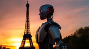 Un robot humanoïde devant la Tour Eiffel