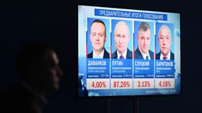 Un écran présente les résultats de l'élection présidentielle, à Moscou, le 17 mars 2024