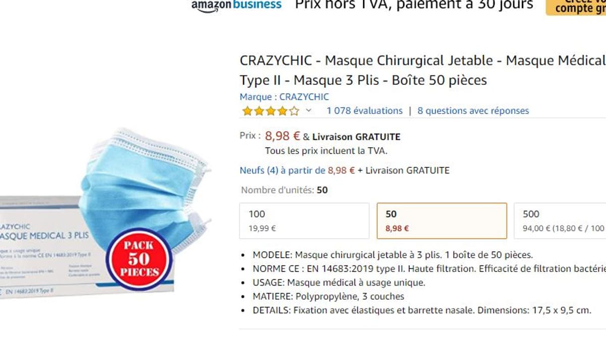 Moins de 9 euros les 50 masques sur Amazon. Moins de 9 euros les 50 masques sur Amazon.