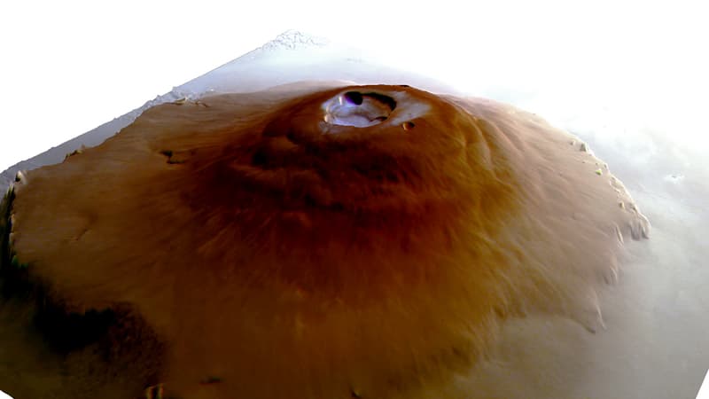 Cette photo obtenue le 10 juin 2024 avec l'autorisation de l'ESA montre un modèle 3D du volcan Olympus Mons sur Mars, tel qu'observé par la caméra HRSC à bord de la sonde Mars Express de l'ESA. Les missions ExoMars et Mars Express de l'ESA ont repéré pour la première fois du givre aquatique près de l'équateur de Mars, une partie de la planète où l'on pensait qu'il était impossible d'avoir du givre. (Photo d'illustration)