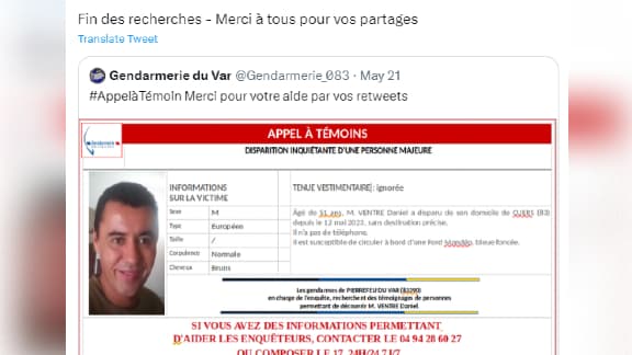 les gendarmes du Var ont annoncé ce mardi 6 juin que les recherches étaient terminées.