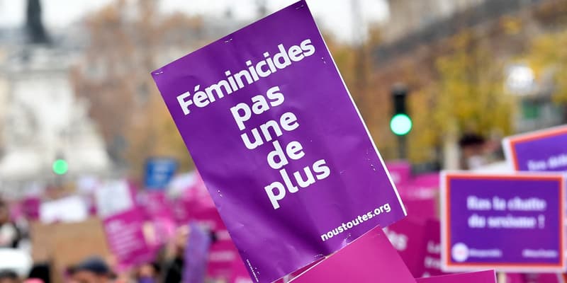 Une pancarte "féminicides, pas une de plus", lors d'une manifestation de Nous Toutes contre les violences sexistes et sexuelles à Paris, le 20 novembre 2021