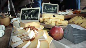 Un plateau de fromages composé de Saint-Nectaire et de Cantal prise le 03 octobre 2008 à Versailles.
