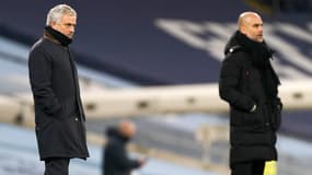 José Mourinho et Pep Guardiola, à Manchester le 13 février 2021