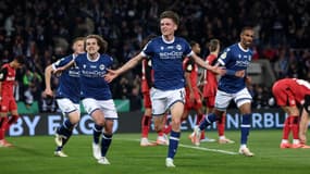 Maximilian Grosser célèbre son but lors de la victoire de l'Arminia Bielefeld contre Leverkusen (2-1, Coupe d'Allemagne), le 1er avril 2025