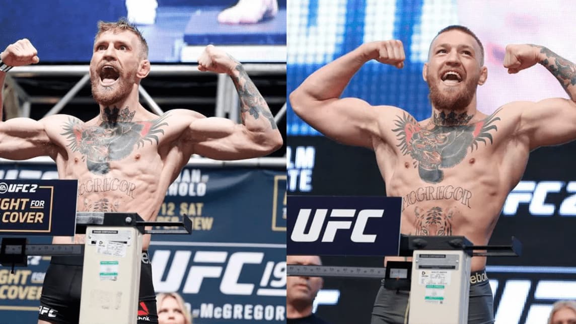 Conor McGregor à la pesée chez les plumes en décembre 2015 (à gauche) et chez les welters en mars 2016 Conor McGregor à la pesée chez les plumes en décembre 2015 (à gauche) et chez les welters en mars 2016