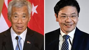 Cette combinaison d'images montre (à gauche) le Premier ministre de Singapour Lee Hsien Loong lors d'une conférence de presse au Cap le 16 mai 2023 et (à droite) le vice-Premier ministre et ministre des finances de Singapour Lawrence Wong à Paris, le 10 avril 2024.