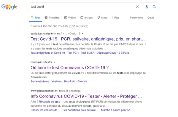 Recherche Google des termes "test covid"