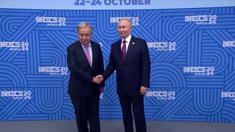 BRICS: les images de la poignée de main entre Vladimir Poutine et le patron de l'ONU Antonio Guterres