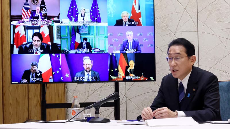 Fumio Kishida, le Premier ministre japonais lors de la réunion extraordinaire du G7.