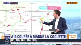 Point trafic: 410 km de bouchons cumulés, l'A13 coupée à Marne-la-Coquette suite à un incendie. Accident également sur la N118