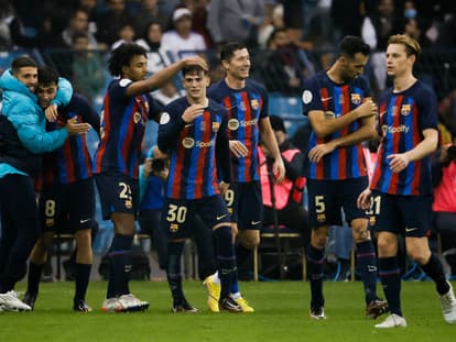 Les joueurs du Barça lors de la victoire contre le Real en Supercoupe le 15 janvier 2023