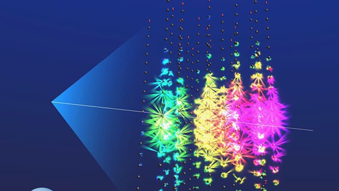 Illustration of the KM3-20230213A event of February 13, 2023 where a neutrino with unprecedented energy was detected at the bottom of the Mediterranean.