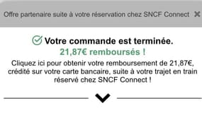 Capture d'écran du cashback proposé sur SNCF Connect