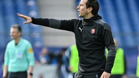 L'entraîneur de Rennes, Julien Stéphan, lors du match contre Montpellier le 21 février 2021, au stade de la Mosson (Montpellier).