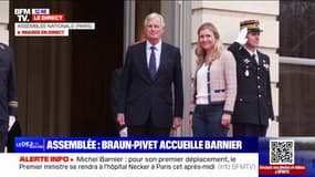 Michel Barnier accueilli par Yaël Braun-Pivet à l'Assemblée nationale 