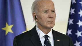 Le président américain Joe Biden s'exprime lors d'une conférence de presse conjointe avec la chancelière allemande avant une réunion à la Chancellerie à Berlin, le 18 octobre 2024.
