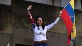 La cheffe de file de l'opposition vénézuélienne Maria Corina Machado lors d'une manifestation organisée par l'opposition à la veille de l'investiture présidentielle, à Caracas, le 9 janvier 2025.
