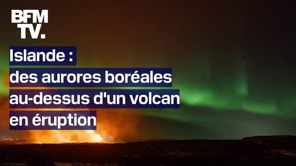 Islande: les superbes images d'aurores boréales surplombant l'éruption volcanique de Grindavik