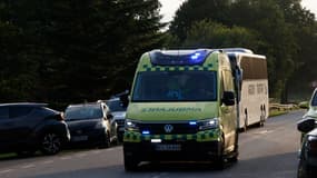 Une ambulance arrive sur les lieux d'un accident de train, le 15 août 2025 à Bjerndrup au Danemark