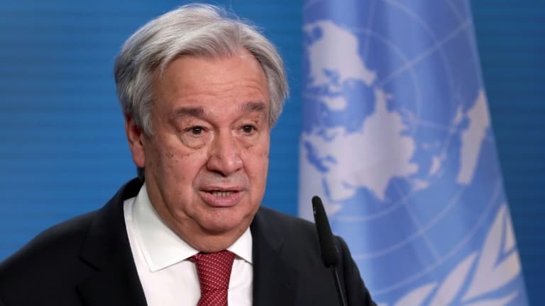 Le secrétaire général de l'ONU Antonio Guterres, le 17 février 2021 à Berlin