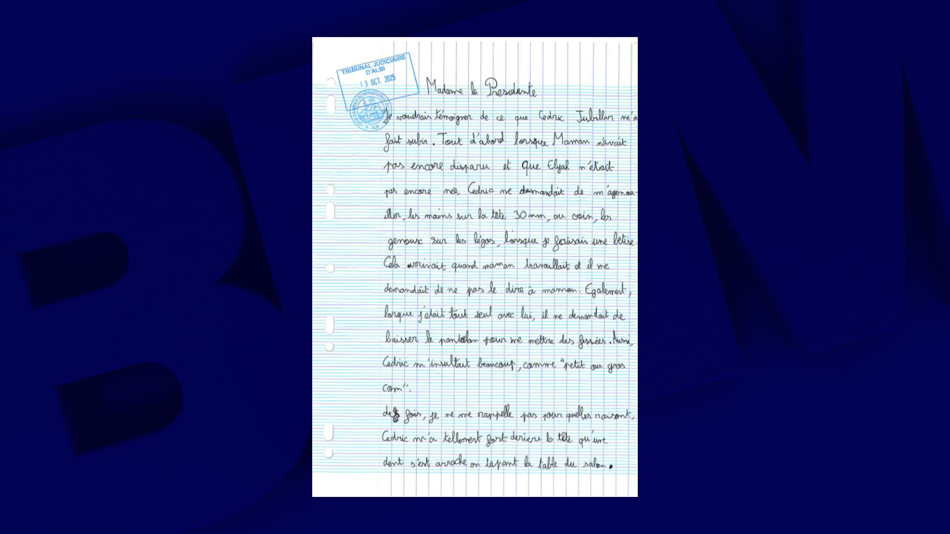 DOCUMENT BFMTV. "IL M'INSULTAIT BEAUCOUP": DANS UNE LETTRE LUE À L'AUDIENCE, LE FILS DE CÉDRIC ET DELPHINE JUBILLAR ACCUSE SON PÈRE DE MALTRAITANCES