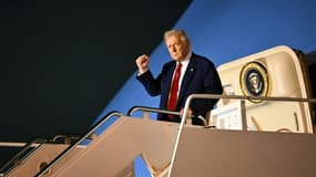 Le président américain Donald Trump lève le poing à l'entrée de son avion, le 3 avril 2025 à West Palm Beach (Etats-Unis)