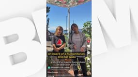 L'eurodéputée insoumise Rima Hassan et la militante Greta Thunberg en Italie, le 1er juin 2025, avant d'embarquer dans un bateau humanitaire en direction de Gaza.
