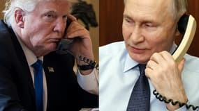 Donald Trump au téléphone le 28 janvier 2017 à Washington et Vladimir Poutine au téléphone à Moscou le 27 décembre 2023. (photos d'illustration)