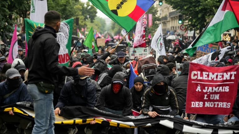 Des milliers de personnes défilent à Paris en hommage au militant d'ultragauche Clément Méric tué il y a dix ans, en soutien aux peuples palestinien et kanak, le 1er juin 2024.