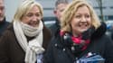 La candidate FN Sophie Montel (à droite), en pleine campagne, soutenue par Marine Le Pen, le 23 janvier à Montbeliard, dans le Doubs.