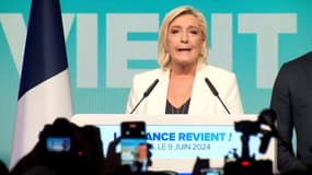 Marine Le Pen le dimanche 9 juin 2024 après l'annonce des résultats des élections européennes et la dissolution de l'Assemblée nationale. 