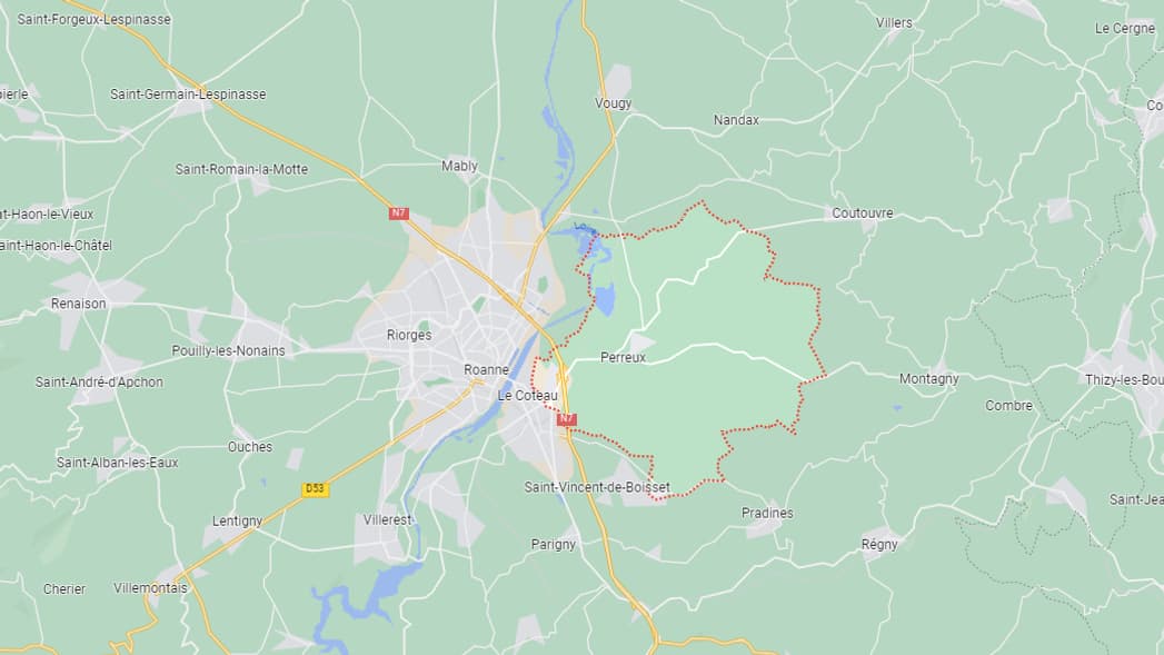 Carte Google Maps indiquant la commune de Perreux dans la Loire.