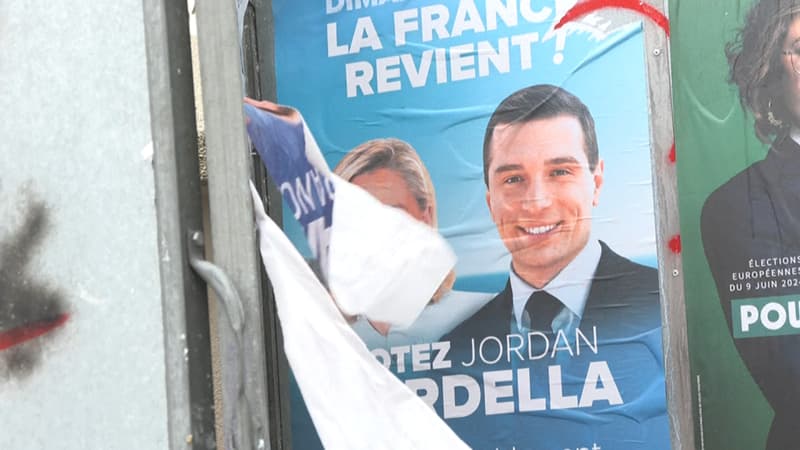 Une affiche pour le RN sur un panneau électoral pour les élections européennes.
