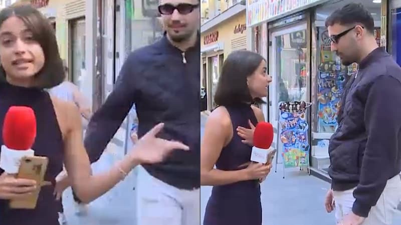 La journaliste espagnole Isa Balado se faisant agresser à Madrid, le 12 septembre 2023, en plein duplex télévisé.