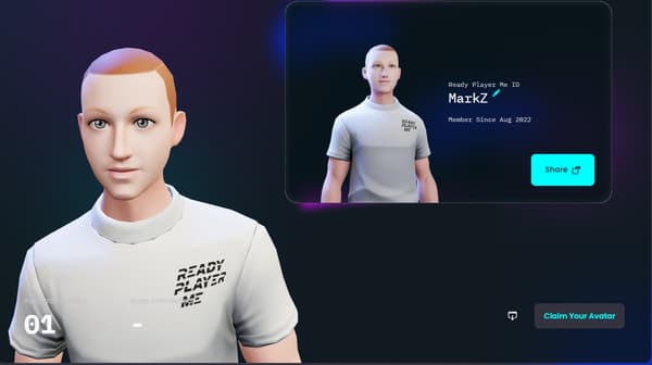 Un avatar Ready Player Me reprenant les traits de Mark Zuckerberg.