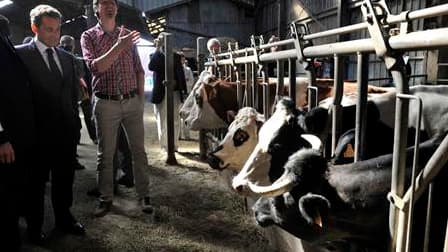 Nicolas Sarkozy en visite chez un agriculteur à Héricourt, dans le nord de la France. Le chef de l'Etat a déclaré jeudi qu'il bloquerait toute réforme de la Politique agricole commune (PAC) qui ne maintiendrait pas son budget "à l'euro près". /Photo prise