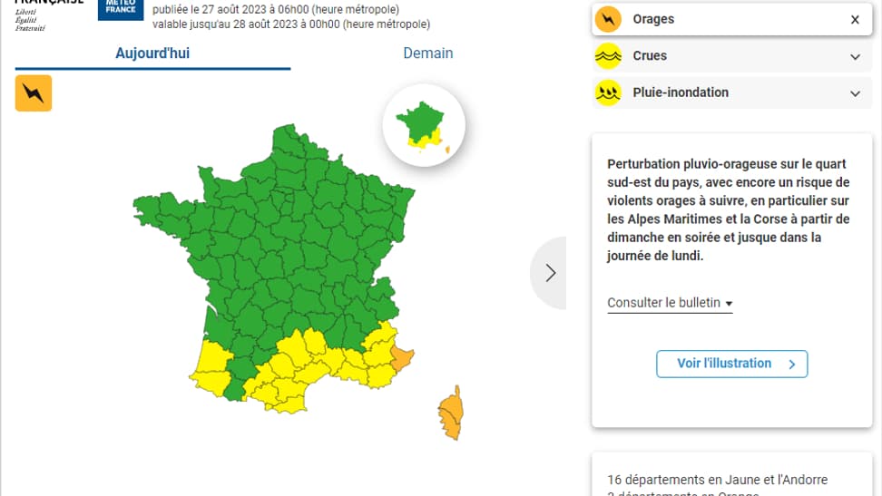 Carte des vigilance météo en France dimanche 27 août 2023.