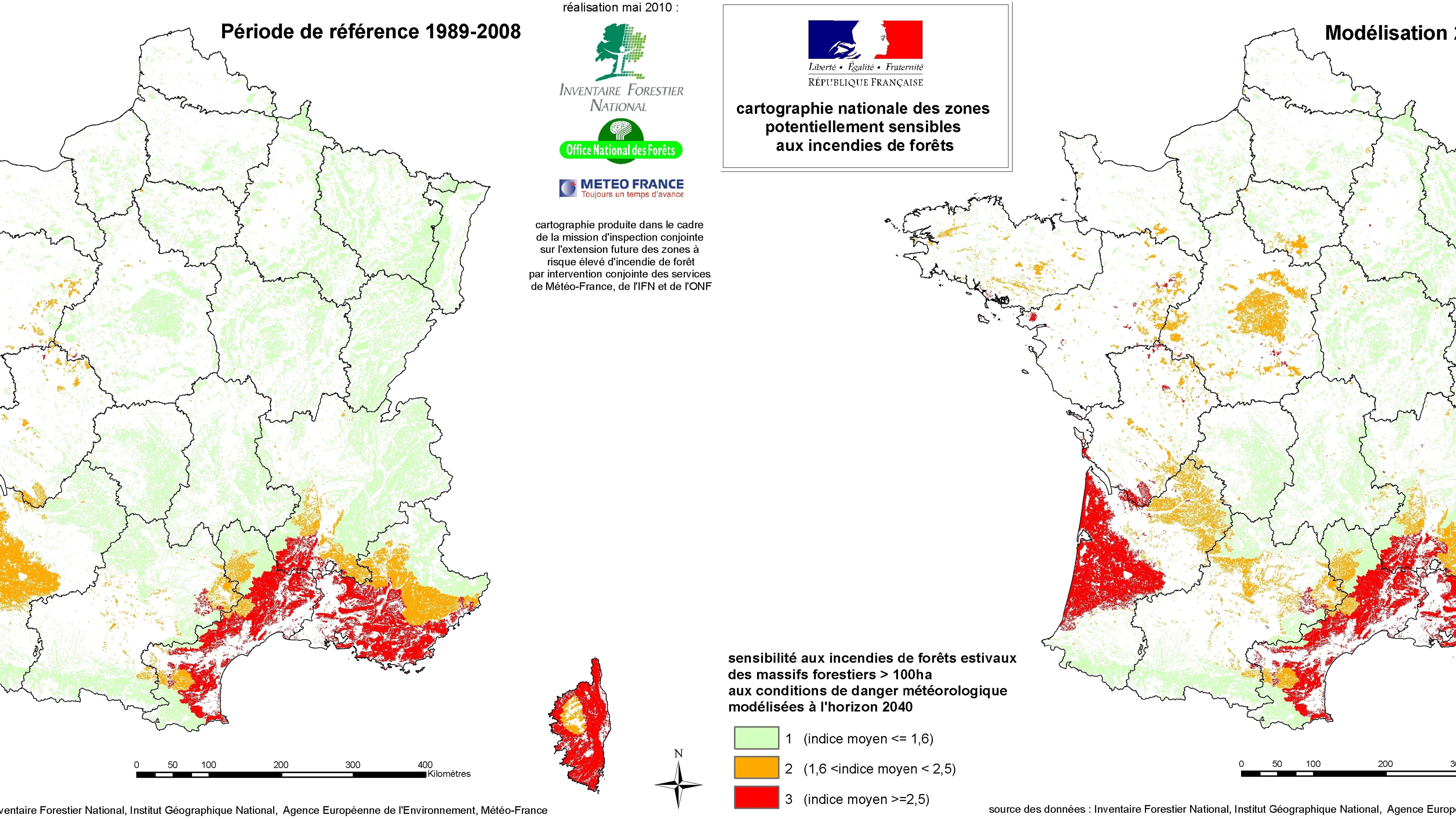 Zones de l'hexagone potentiellement sensibles aux incendies de forêts Zones de l'hexagone potentiellement sensibles aux incendies de forêts