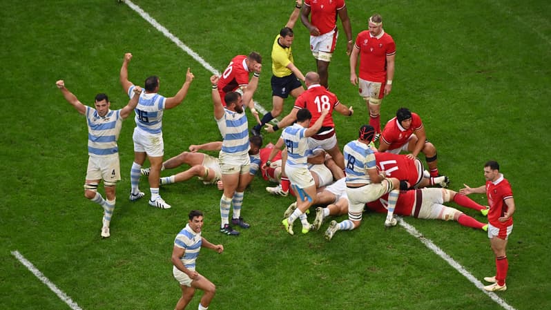 La joie des Argentins lors de leur victoire face au pays de Galles, quart de finale de la Coupe du monde de rugby, 14 octobre 2023