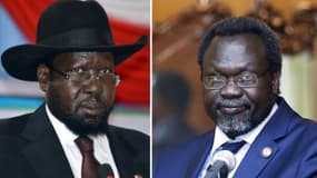 Le président sud-soudanais Salva Kiir (g) le 2 juin 2014 et son adversaire, Riek Machar, ancien vice-président, le 9 mai 2014 à Addis Abeba