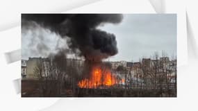 Les flammes qui se dégagent de l'incendie qui a eu lieu dans un entrepôt d'Aubervilliers (Seine-Saint-Denis), le 18 janvier 2025.