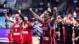 Les basketteurs de la Géorgie savourent leur victoire contre la France à l'EuroBasket, le 7 septembre 2025.