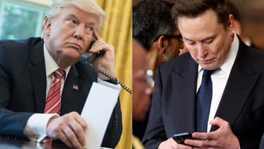 Cette combinaison d'images, créée le 6 juin 2025, montre le président américain Donald Trump attendant pour parler au téléphone le 27 juin 2017, et le PDG de Tesla, Elon Musk, regardant son téléphone le 20 janvier 2025.