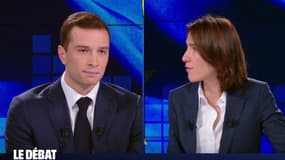 Jordan Bardella (RN) face à Valérie Hayer (Renaissance) lors du débat des européennes sur BFMTV