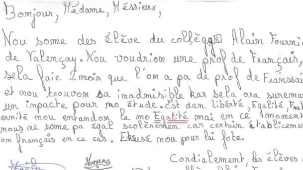 Des élèves d'un collège de l'Indre ont écrit un courrier volontairement parsemé de fautes pour interpeller Brigitte Macron sur l'absence de professeur de français