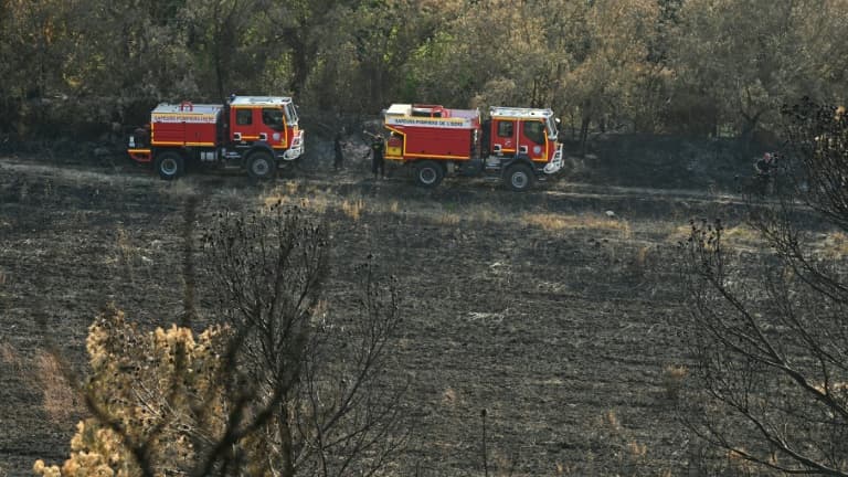 Des camions de pompiers évoluent sur un chemin dans une forêt touchée par des incendies, le 8 août 2025 à Lagrasse, dans l'Aude (photo d'illustration). 