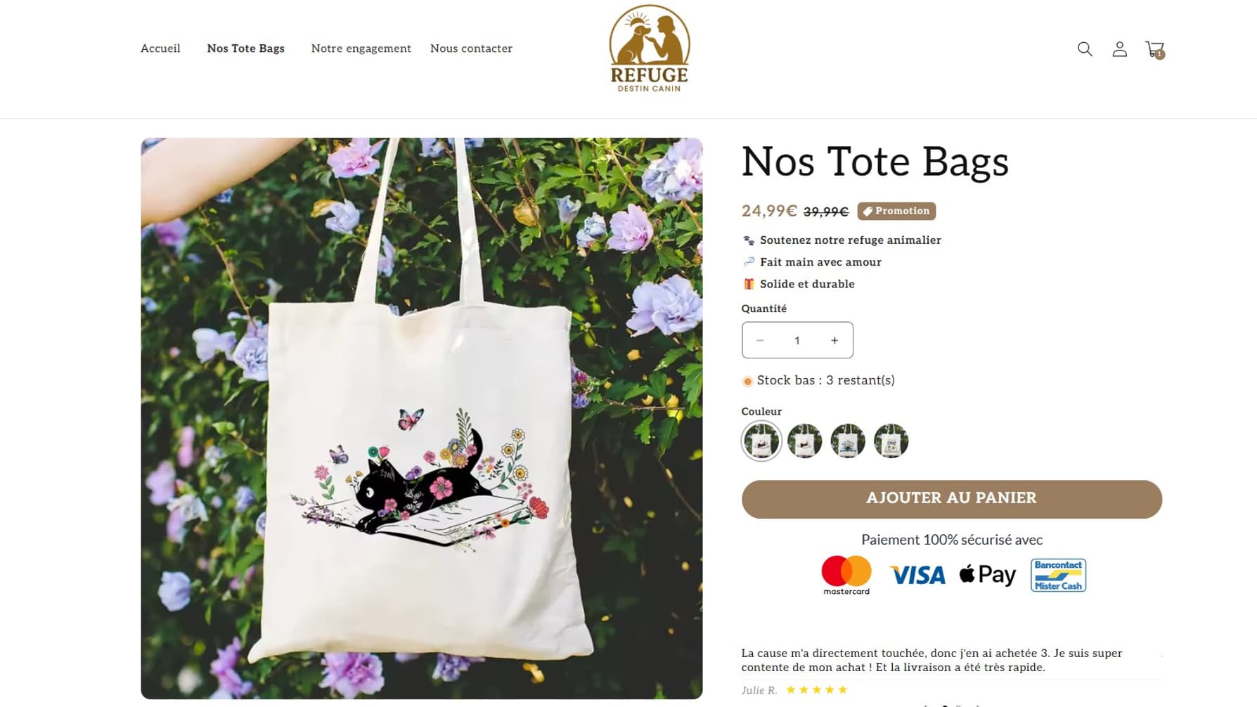 Les tote bags vendus sur le site du prétendu "Refuge Destin Canin"