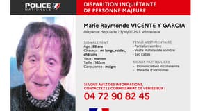 L'octogénaire est portée disparue depuis le 23 octobre à Vénissieux.