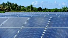 Panneaux solaires déployés à Pierrefonds, sur l'île de la Réunion. Le gouvernement s'est prononcé jeudi en faveur d'une nouvelle baisse du tarif d'achat de l'électricité photovoltaïque et a annoncé une concertation pour parvenir à un accord en ce sens ava